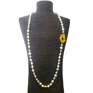 Artisan White Pearl & Pastel Jewel Tone Gemstone Necklace w/ Metallic Gold